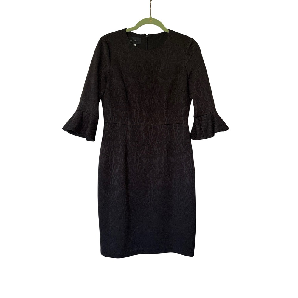 Donna‎ Morgan Black Jacquard Sheath Dress 3/4 Bell Sleeve Flounce Size 8
